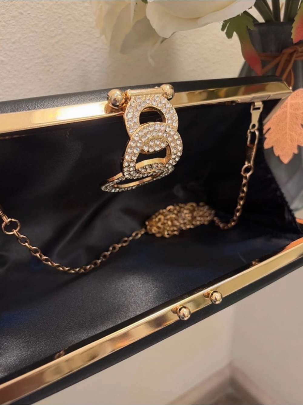Black Evening Clutch with Gold Crystal Ring Accent - Picture 4 of 8